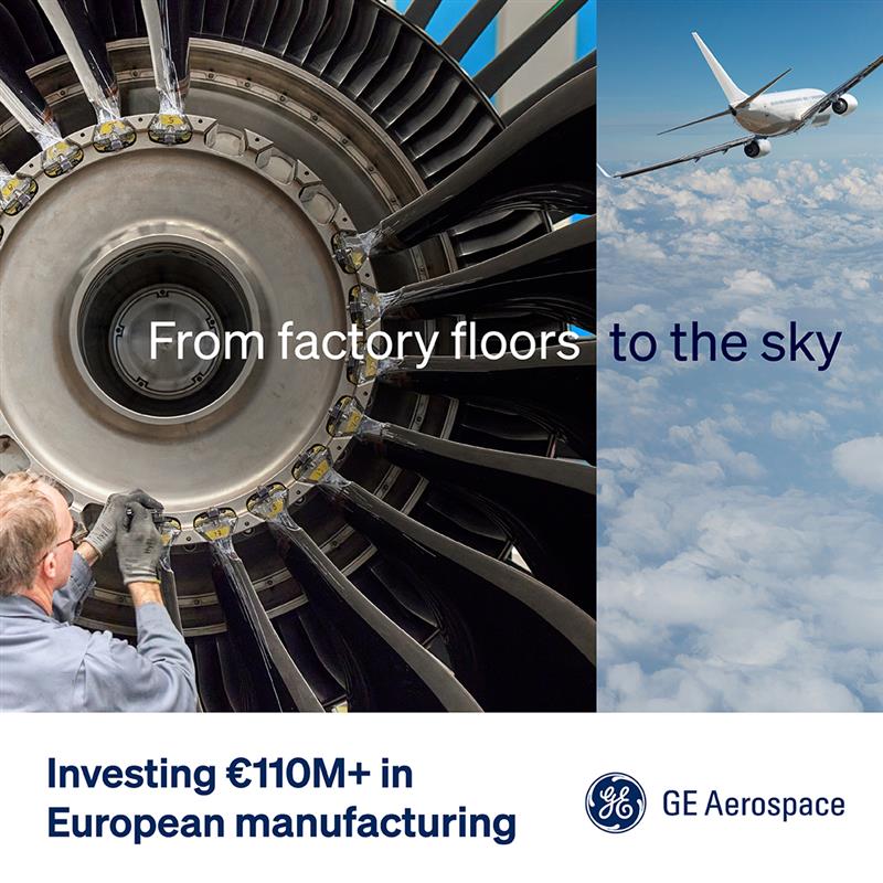GE Aerospace graphic: worker inspecting jet engine fan on left, aircraft in sky...