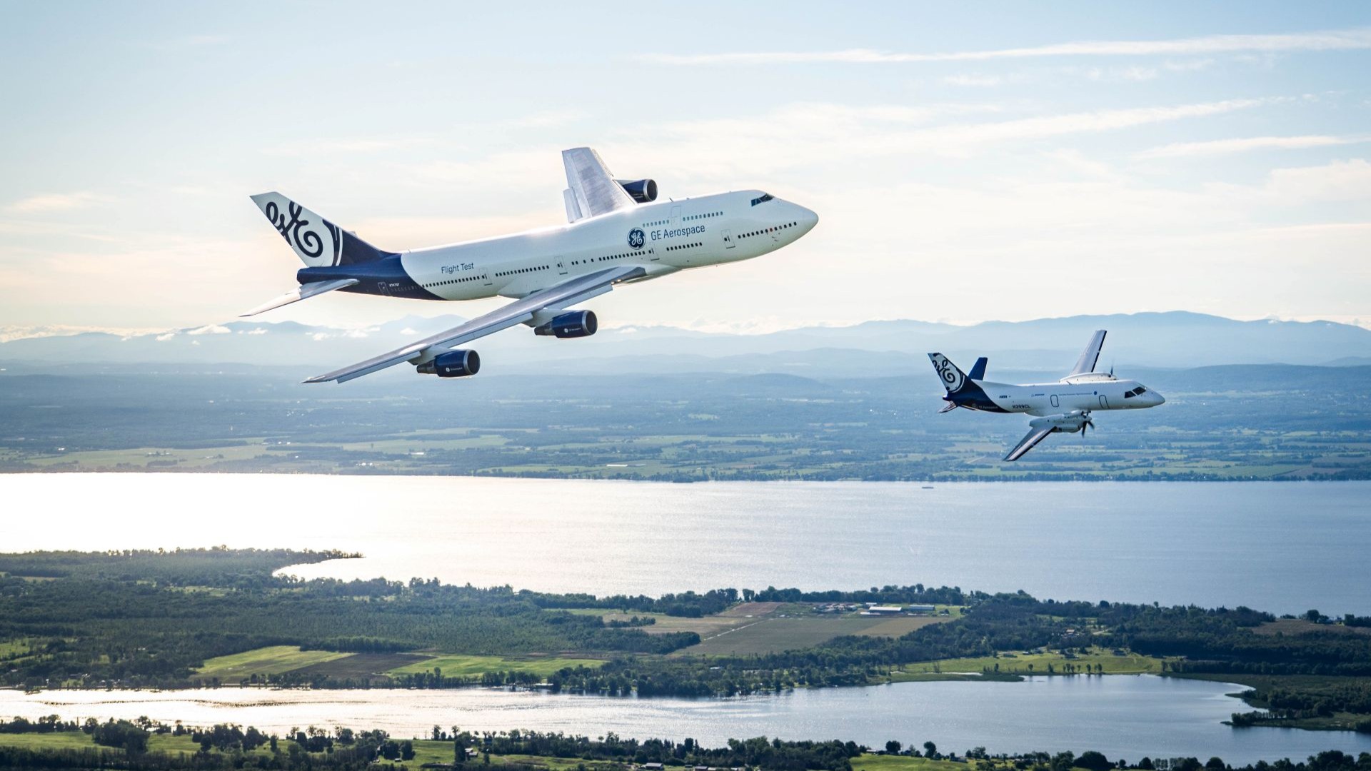 GE Aerospace's 747 Flying Test Bed and Electrified Powertrain Flight Demonstration aircraft in flight