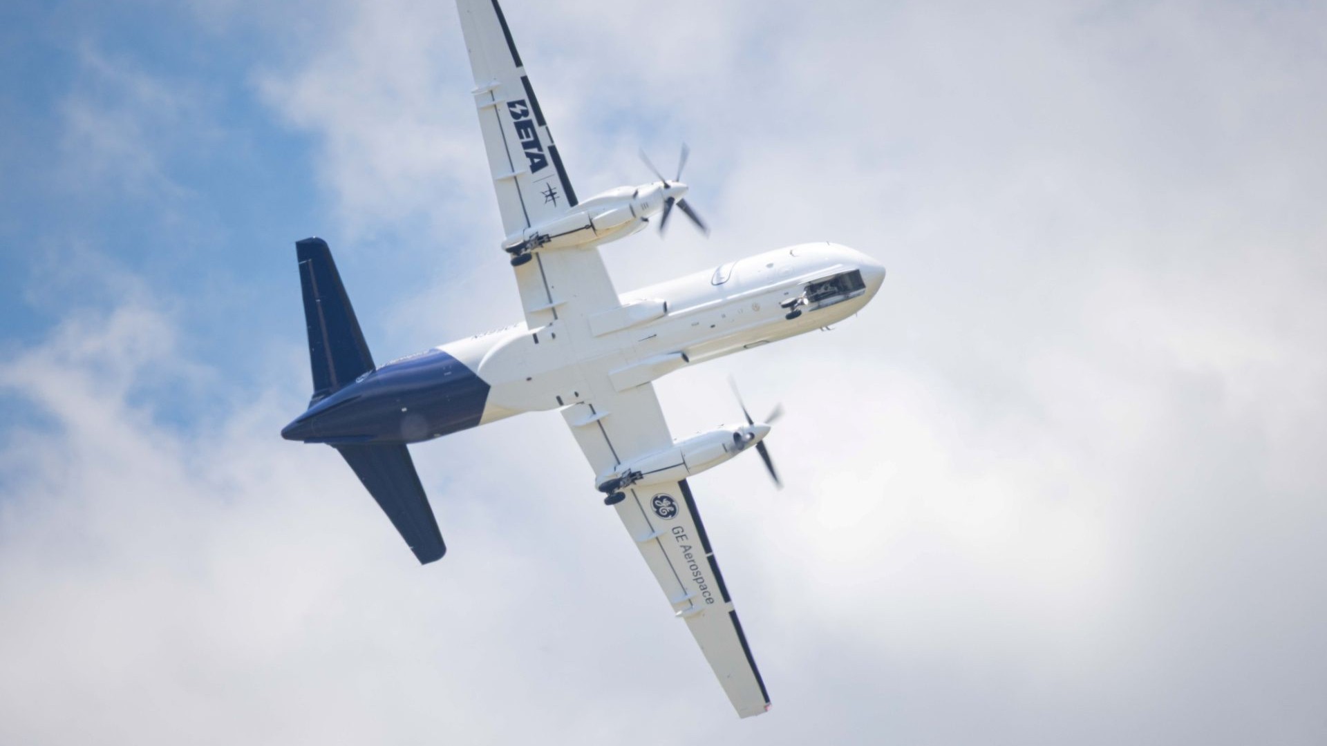 The Saab  340B aircraft flies overhead as part of the effort to achieve high-altitude hybrid electric flight
