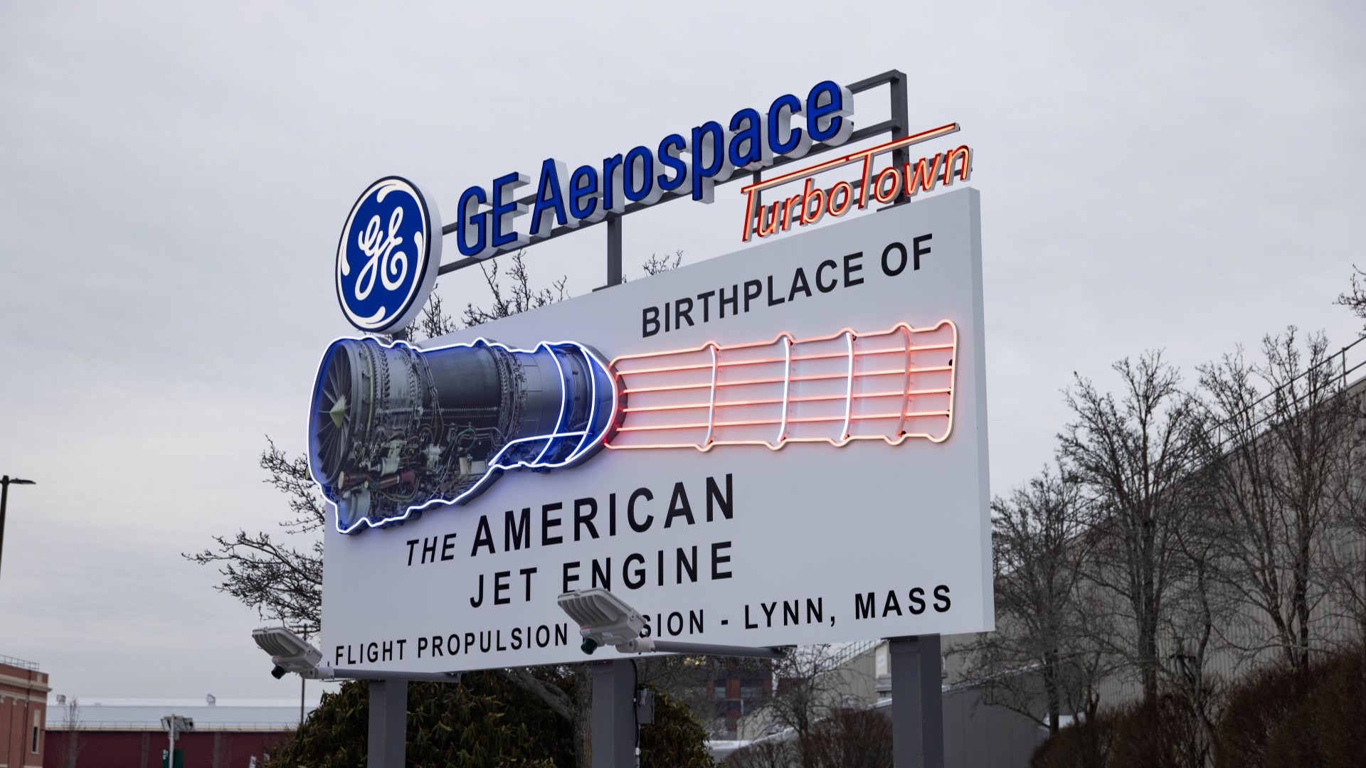 Turbo Town sign at GE Aerospace's plant in Lynn, Massachusetts