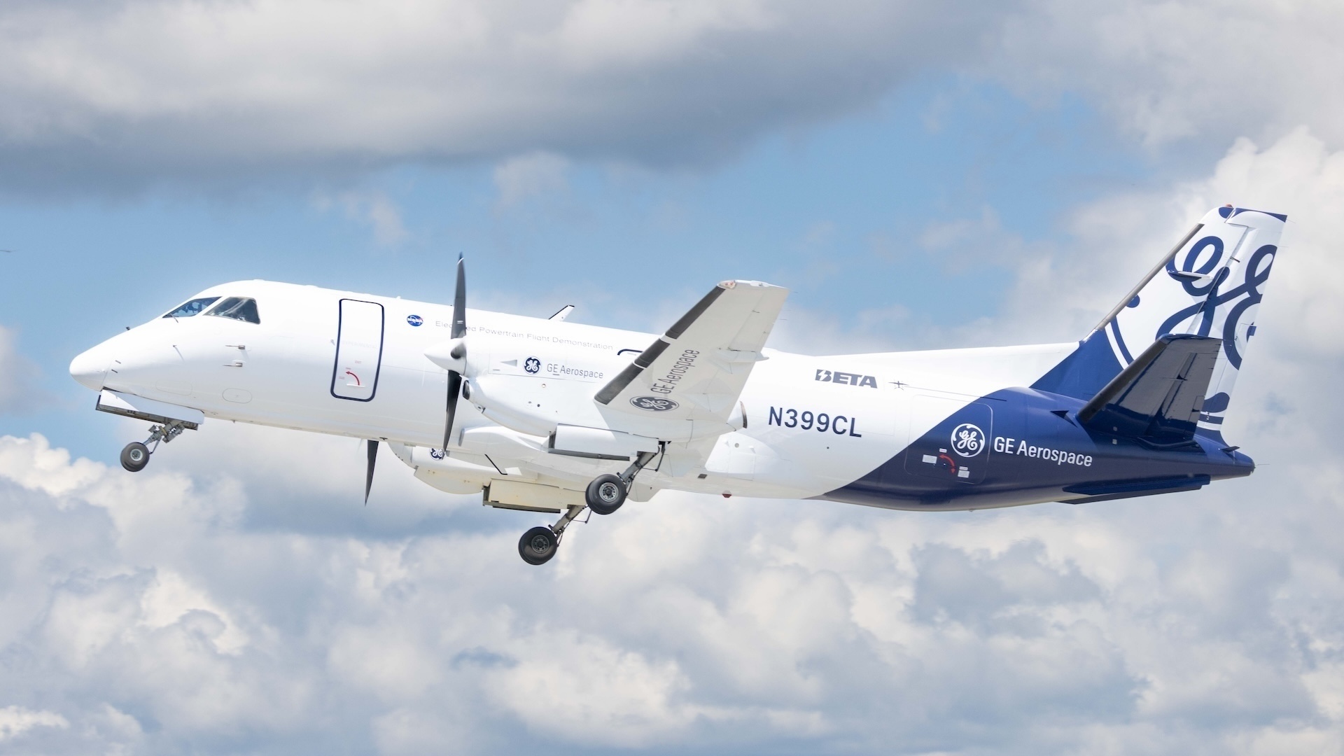GE Aerospace's modified Electrified Powertrain Flight Demonstration (EPFD) aircraft in flight.
