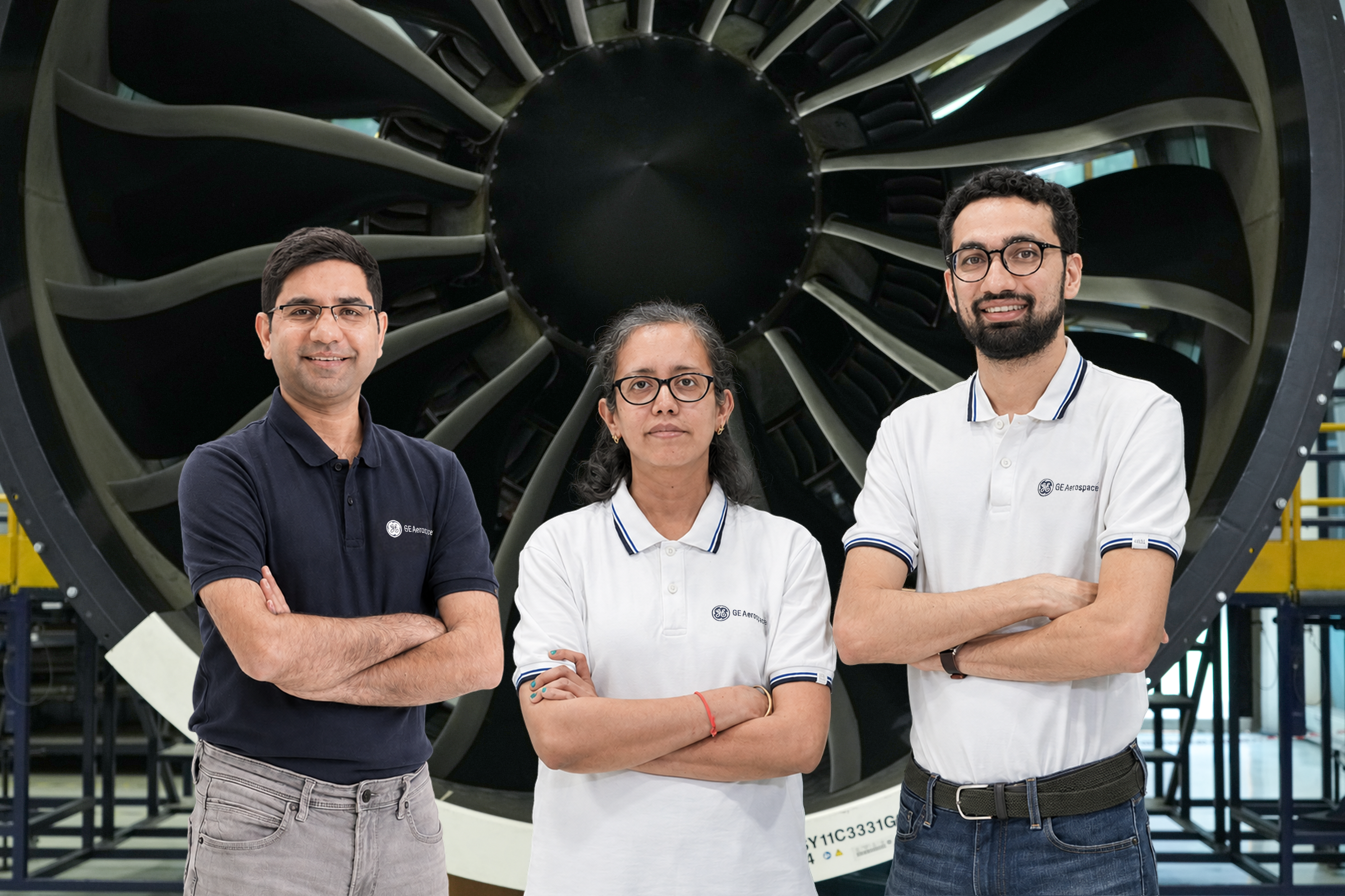Nitesh Jain, Sumitha Mohan, and Ravish Karve (left to right) at GE Aerospace's John F. Welch Technology Centre in Bengaluru, India.