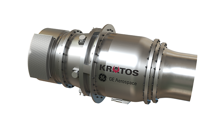 Silver turbine with Kratos and GE Aerospace logos on its body