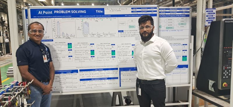 Two engineers standing in front of a white board with a flow chart