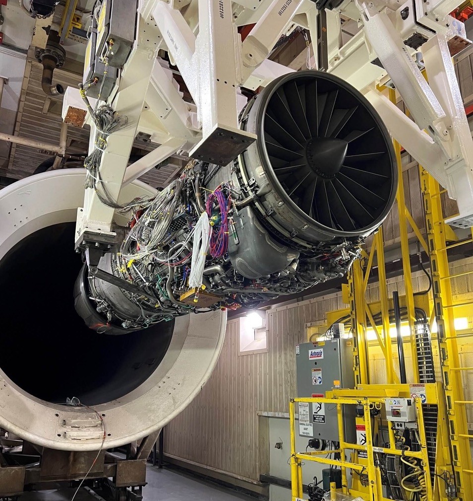 A GE Aerospace F110 engine being used in high-pressure turbine testing.