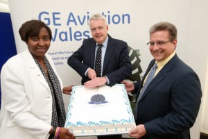 GE Aviation Wales managing director, La-Chun Lindsay, First Minister of Wales, Carwyn Jones and GE Aviation vice president and general manager, Assembly, Test and Overhaul, Tony Aiello. 