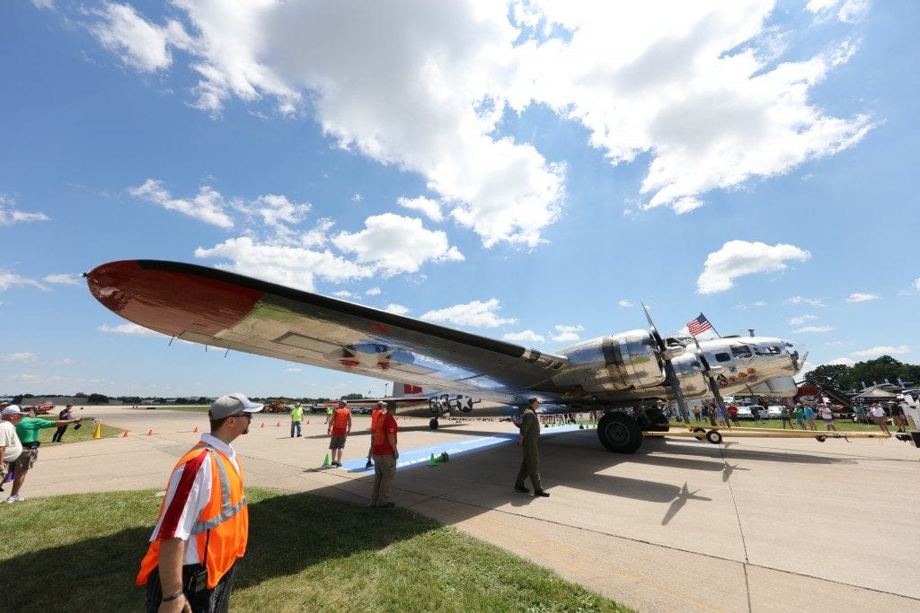 GE received a large order from the Army Air Corps to build turbosuperchargers for Boeing B-17 bombers fighting in World War II. This B-17 arrived in Oshkosh on Monday.