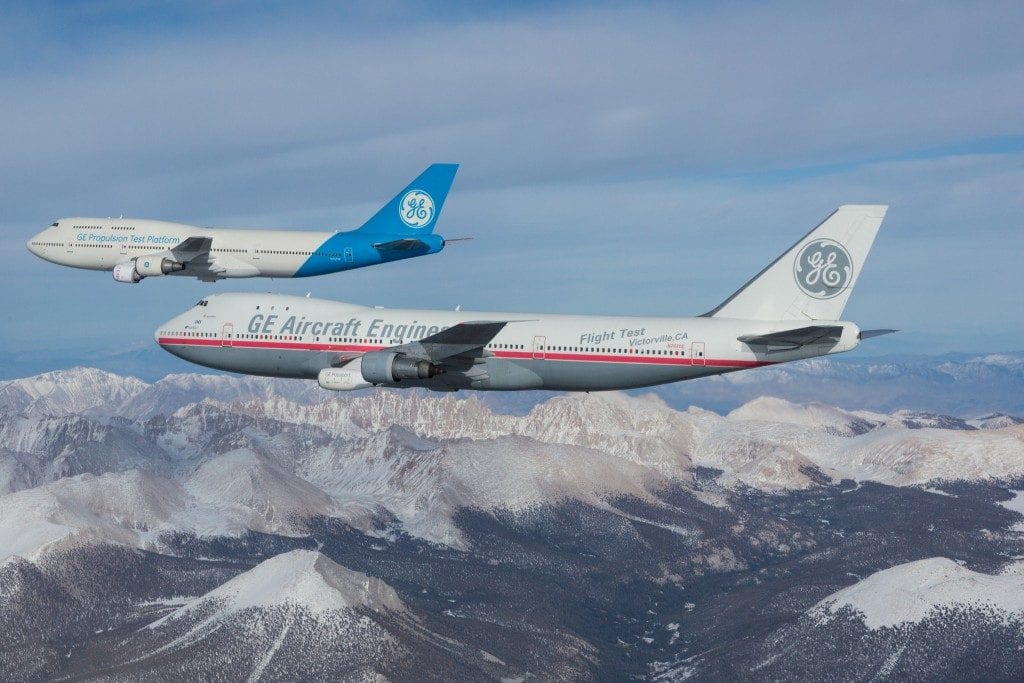 GE is using a pair of modified Boeing 747s to flight-test its latest jet engines like the LEAP and the Passport. Image credit: GE Aviation