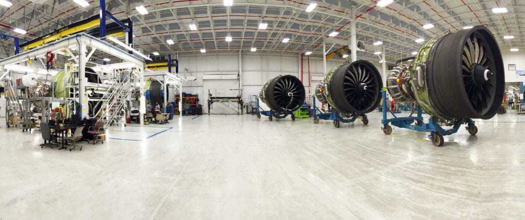 Several GEnx jet engines on the final assembly line at GE Aviation's Peebles Test Operations.