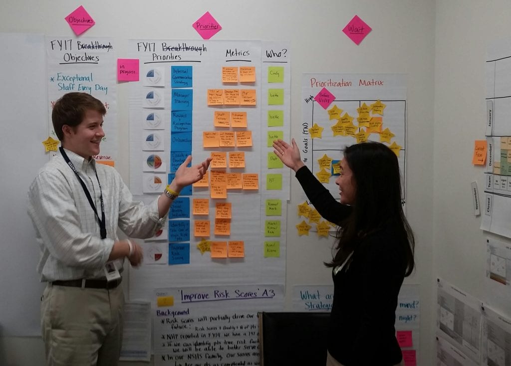 Ben Turnbull, left, works in the LEAN room at the Lynn Community Health Center. Pictured with Ben is Kimberly Eng, Business Transformation Advisor at Lynn.