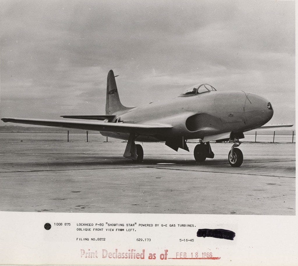 Lockheed P-80 Shooting Star was the the first fighter jet the U.S. Army Air Force, as it was then called, used in operations. It was powered by a later version of the jet engine the Hush-Hush Boys built. Image credit: Museum of Innovation and Science Schenectady