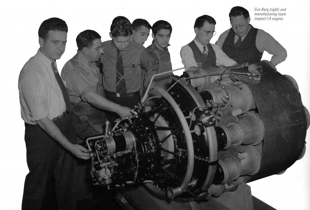 Some of the Hush-Hush Boys with the I-A jet engine that Sorota helped develop. It was the first jet engine built in the United States. Image credit: Museum of Innovation and Science Schenectady