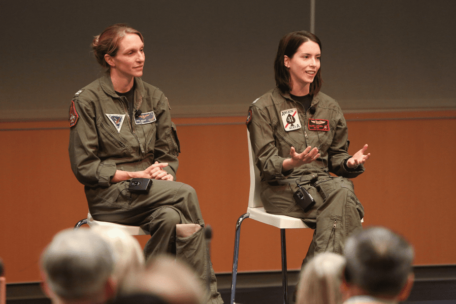 Lt. Jenny Moore (left) and Lt. Claire Gunnison (right) spoke with GE employees at Aviation's headquarters in Cincinnati. 